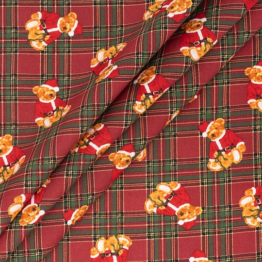 SINGER Santa Teddy Bears on Plaid Print Cotton Fabric